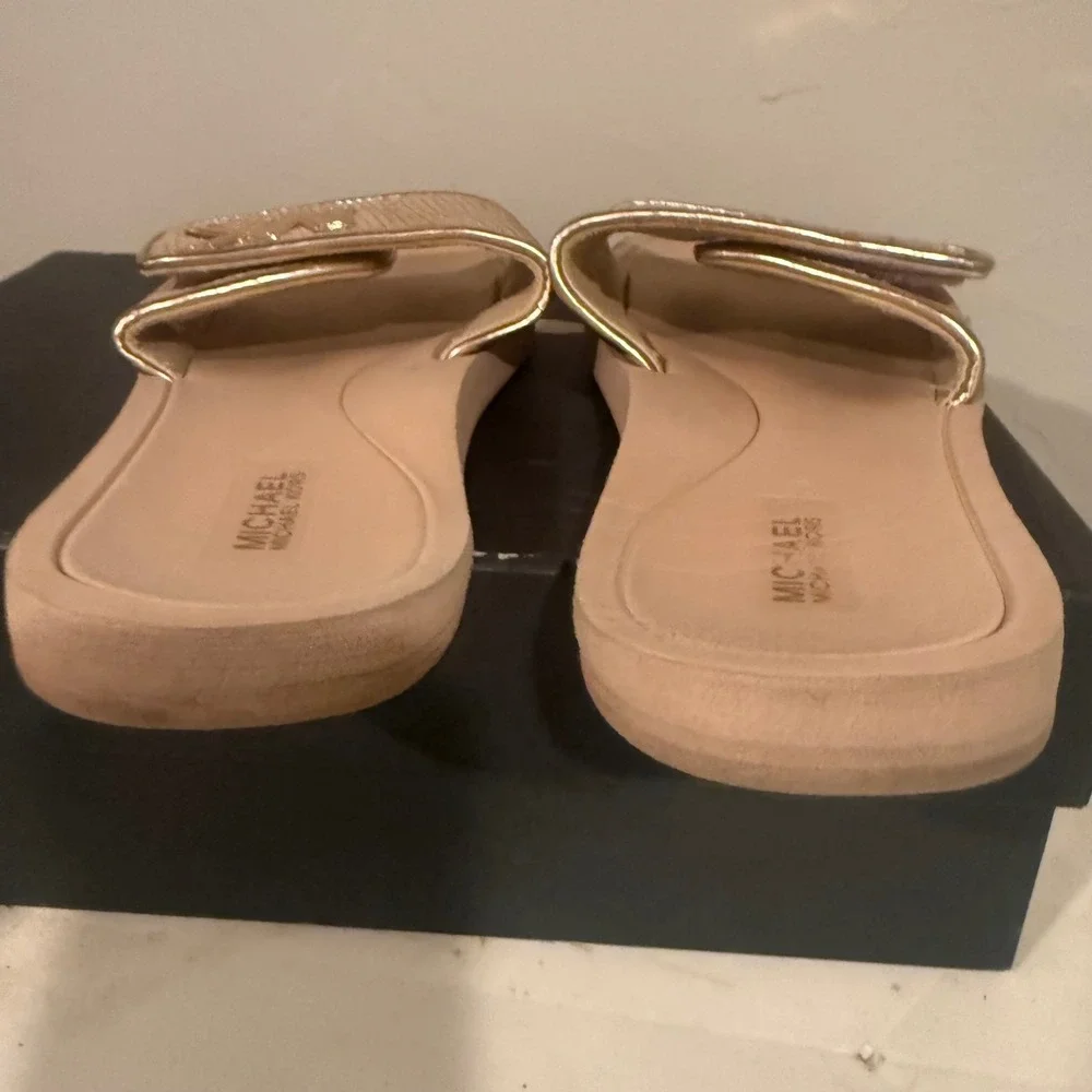 Michael Kors Slide Sandals Womens 7 Rose Gold Fair Metallic Mesh Logo Slides